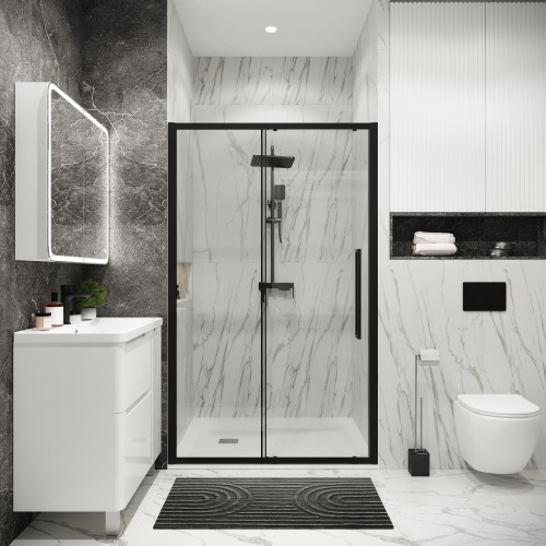 картинка Дверь в нишу 100.K33.02.100.21.00 Cosmo (100*195) черный матовый, стекло прозрачное, 1 место от магазина Сантехстрой