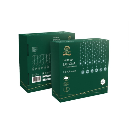 картинка Гирлянда Бахрома со снежинками 2,4х0,9м,  150LED,  белый,  с контроллером 8 режимов,  230В NEON-NIGHT от магазина Сантехстрой