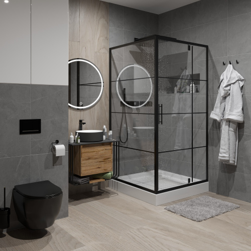 картинка Душевое ограждение Niagara Nova NG-0290-08ВLACK (90х90х195) квадрат,черный,дверь распашная,стекло с рисунком,1 место от магазина Сантехстрой