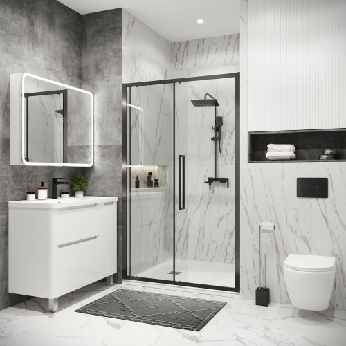 картинка Дверь в нишу 100.K33.02.130.42.00 Cosmo (130*195) графит сатин, стекло прозрачное, 1 место от магазина Сантехстрой