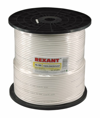 картинка Кабель коаксиальный RG-59U+Cu,  75 Ом, Cu/Al/Cu,  64%,  305 м, INDOOR,  белый,  REXANT от магазина Сантехстрой