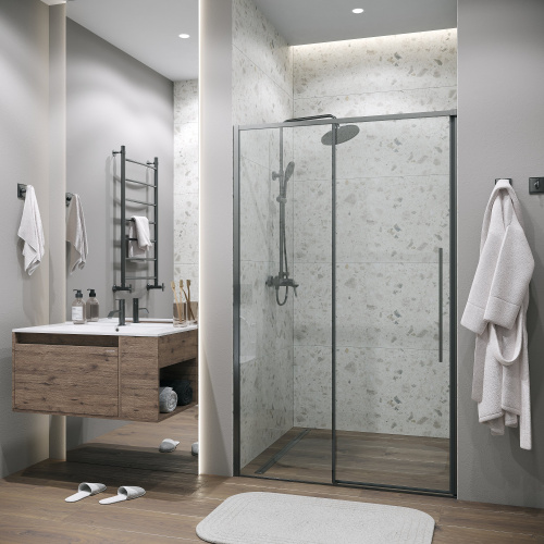 картинка Дверь в нишу 100.K33.01.130.42.00 Galaxy (130*195) графит сатин, стекло прозрачное, 1 место от магазина Сантехстрой