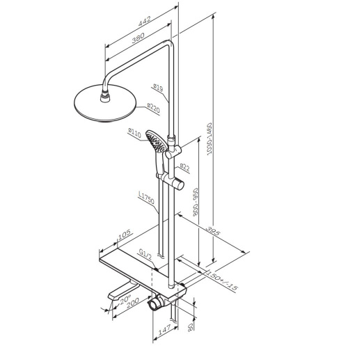 картинка F0790722 Gem, душ.система: см-ль-полка д/ванны/душа, душ.штанга, верхн. душ 220мм, ручн.душ, черн от магазина Сантехстрой