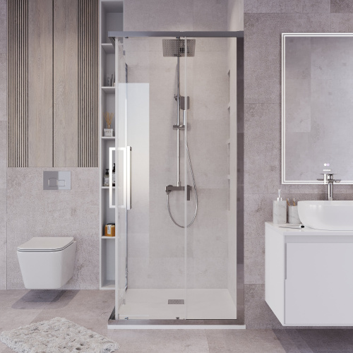 картинка Душ.ограждение 300.K33.02.9090.10.00 Cosmo (90*90*195) квадрат,раздвижная,хром,стекло прозрачное,1м от магазина Сантехстрой