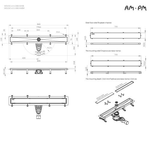 картинка W01SC-U11-080-04SB MasterFlow Трап для душа линейный универс затвор Tile 80см цвет сталь мат от магазина Сантехстрой