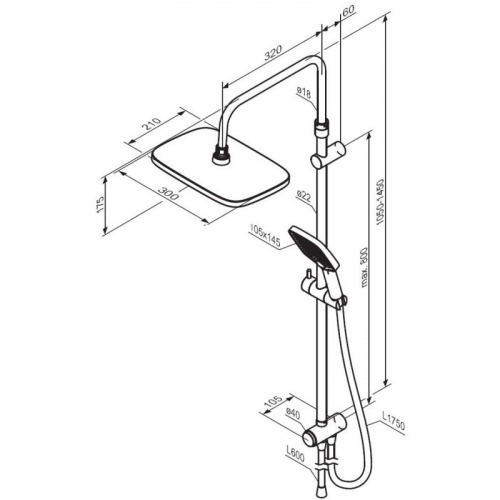 картинка 953000300 Gala душ.система: верх.душ 300*210 мм, ручн.душ 3 ф-ции 110*260 мм, штанга 1050-1450, черн от магазина Сантехстрой