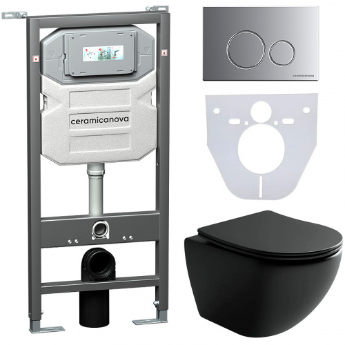 картинка Комплект унитаза с инсталляцией Ceramica Nova Metropol CN4002MB_1001M_1000 с сиденьем Микролифт и клавишей смыва Хром матовый от магазина Сантехстрой