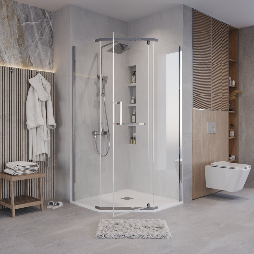 картинка Душ.ограждение 302.K33.03.9090.10.00 Pragma (90*90*195) трапеция,распашная,хром,стекло прозрачн,1ме от магазина Сантехстрой