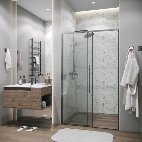 картинка Дверь в нишу 100.K33.01.140.42.00 Galaxy (140*195) графит сатин, стекло прозрачное, 1 место от магазина Сантехстрой