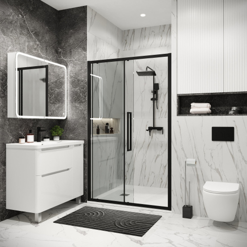 картинка Дверь в нишу 100.K33.02.100.21.00 Cosmo (100*195) черный матовый, стекло прозрачное, 1 место от магазина Сантехстрой