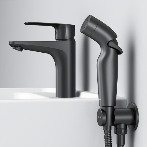 картинка F90A03022 Gem, смеситель для умывальника с гиг.душем, излив 99 мм, черный, шт от магазина Сантехстрой
