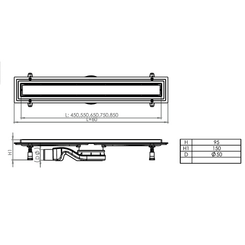 картинка Душевой лоток AZARIO 450 мм с решеткой под плитку (двухсторонняя решетка), выход 50мм, хром матовый (AZ1105-00145) от магазина Сантехстрой