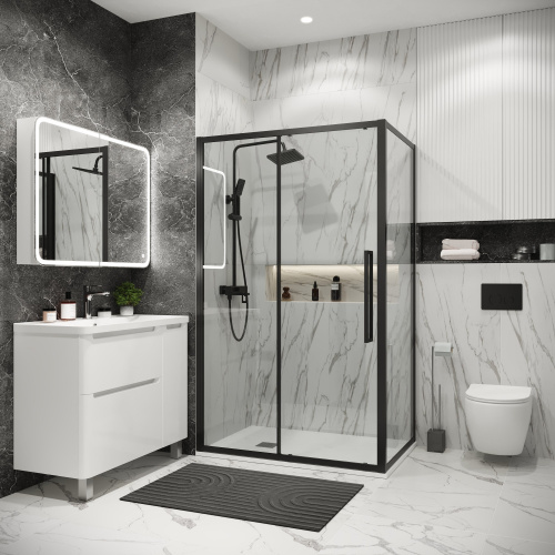 картинка Душевая перегородка 200.K33.02.90.21.00 Cosmo (90*195) черный матовый, стекло прозрачное, 1 место от магазина Сантехстрой