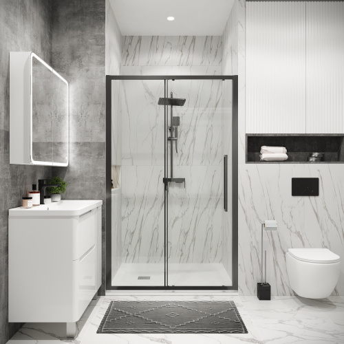 картинка Дверь в нишу 100.K33.02.120.42.00 Cosmo (120*195) графит сатин, стекло прозрачное, 1 место от магазина Сантехстрой