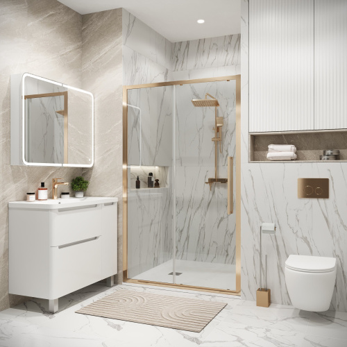 картинка Дверь в нишу 100.K33.02.120.32.00 Cosmo (120*195) золото сатин, стекло прозрачное, 1 место от магазина Сантехстрой