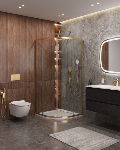 картинка Душевой уголок Cezares Molveno 100x100 MOLVENO-R-2-100-C-BORO-IV профиль Брашированное золото стекло прозрачное от магазина Сантехстрой