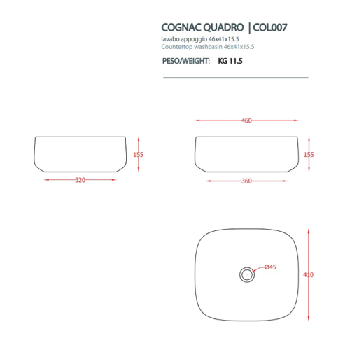 картинка Artceram COGNAC Раковина накладная Quadro, 46x41хh15,5см, без отв под смеситель, без перелива, цвет: белый от магазина Сантехстрой
