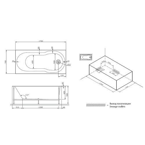 картинка W88A-170-070W-A X-Joy, ванна акриловая A0 170x70 см, шт от магазина Сантехстрой
