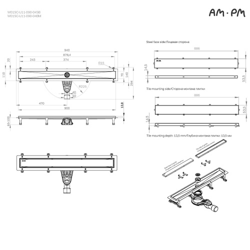 картинка W01SC-U11-090-04SB MasterFlow Трап для душа линейный универс затвор Tile 90см цвет сталь мат от магазина Сантехстрой