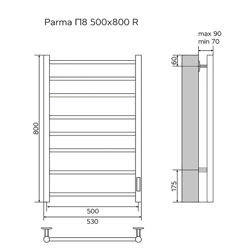 картинка Полотенцесушитель электрический AZARIO PARMA 500/800 8 секций, диммер справа, черный (AZ10858B) от магазина Сантехстрой
