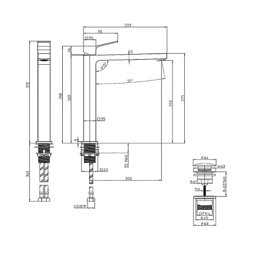 картинка BOSSINI Aki Line Смеситель для раковины AKI-T высокий с донным клапаном 1”1/4 и гибкая подводка из нерж. стали 3/8”., цвет хром от магазина Сантехстрой