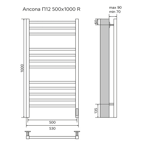 картинка Полотенцесушитель электрический AZARIO ANCONA 500/1000 квадрат, 12 секций, диммер справа, черный (AZ71850B) от магазина Сантехстрой