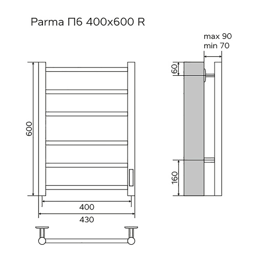 картинка Полотенцесушитель электрический AZARIO PARMA 400/600 6 секций, диммер справа, хром (AZ10846) от магазина Сантехстрой