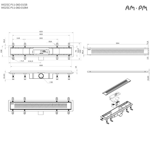 картинка W02SC-P11-060-01BM PrimeFlow Трап для душа линейный универс затвор Cut Gradient 60см цвет черн мат от магазина Сантехстрой