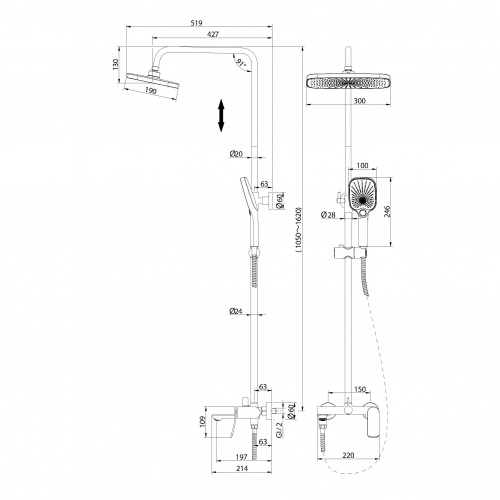 картинка Душевая стойка Advans 500.K35.09.210 с верхним душем, ручной лейкой и смесителем, черный матовый от магазина Сантехстрой
