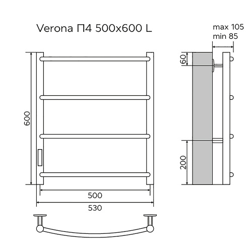 картинка Полотенцесушитель электрический AZARIO VERONA 500/600 4 секции, диммер слева, хром (AZ04756) от магазина Сантехстрой