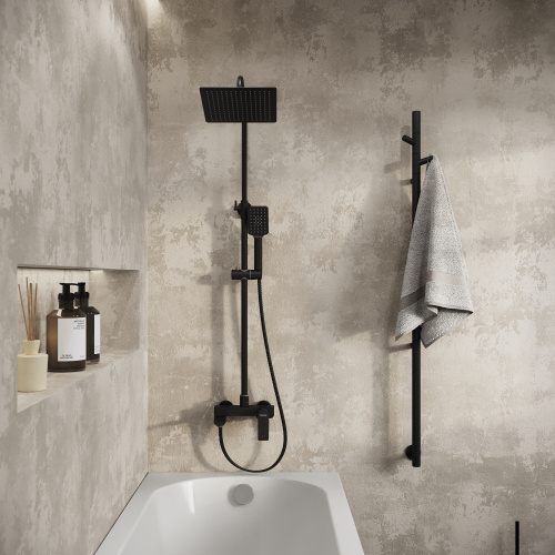 картинка Душевая стойка Cosmo 500.K35.02.210 с верхним душем, ручной лейкой и смесителем, черный матовый от магазина Сантехстрой