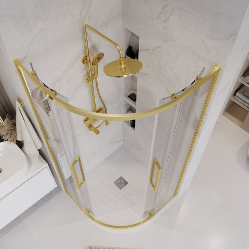 картинка Душ.ограждение 301.K33.02.9090.32.00 Cosmo (90*90*195) полукруг,раздвижн,золото сатин,стекло прозрач от магазина Сантехстрой