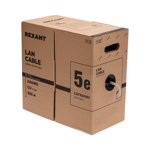картинка Кабель витая пара U/UTP,  CAT 5e, PE,  4PR,  24AWG, OUTDOOR, SOLID,  черный,  305м,  РФ REXANT от магазина Сантехстрой
