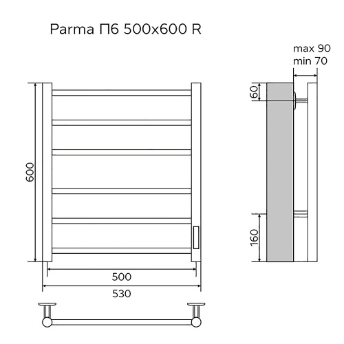 картинка Полотенцесушитель электрический AZARIO PARMA 500/600 6 секций, диммер справа, хром (AZ10856) от магазина Сантехстрой