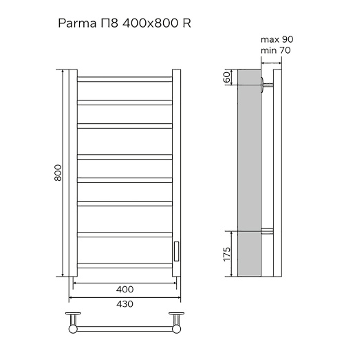 картинка Полотенцесушитель электрический AZARIO PARMA 400/800 8 секций, диммер справа, хром (AZ10848) от магазина Сантехстрой