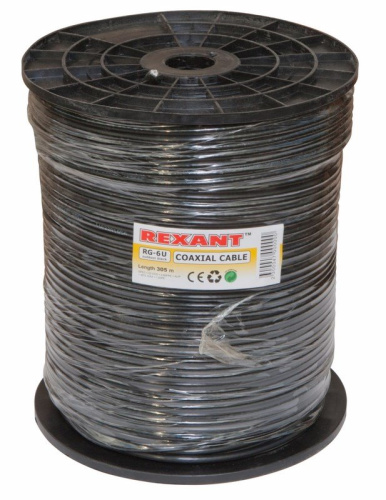 картинка Кабель коаксиальный RG-6U,  75 Ом, CCS/Al/Al,  64%,  305 м, OUTDOOR,  черный,  REXANT от магазина Сантехстрой