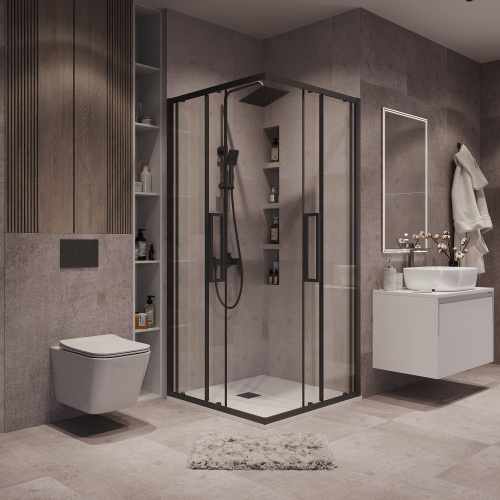 картинка Душ.ограждение 300.K33.02.8080.21.00 Cosmo (80*80*195) квадрат,раздвижн,черн. матов,стекло прозрачн от магазина Сантехстрой