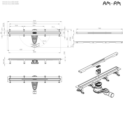 картинка W01SC-S11-080-05BM MasterFlow Трап для душа линейный универс затвор Slim line 80см цвет черн мат от магазина Сантехстрой