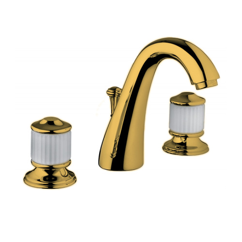 картинка BONGIO CRISTALLO Смеситель для раковины на 3 отверстия, с донным клапаном, ручки стекло белое, цвет золото от магазина Сантехстрой