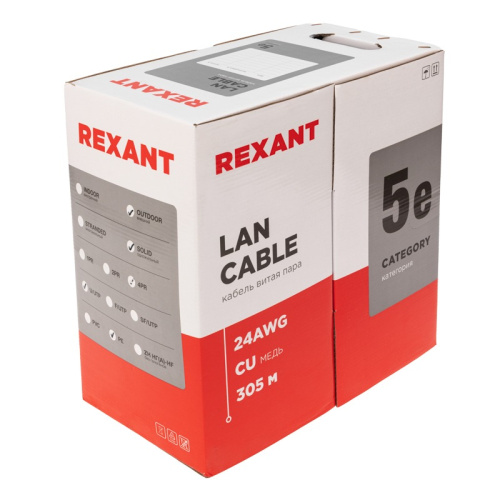 картинка Кабель витая пара U/UTP,  CAT 5e, PE,  4PR,  24AWG, OUTDOOR, SOLID,  черный,  305 м,  REXANT от магазина Сантехстрой