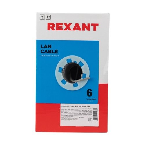 картинка Кабель витая пара U/UTP,  CAT 6, ZH нг(А)-HF,  4PR,  23AWG, INDOOR, SOLID,  серый,  305 м,  REXANT от магазина Сантехстрой