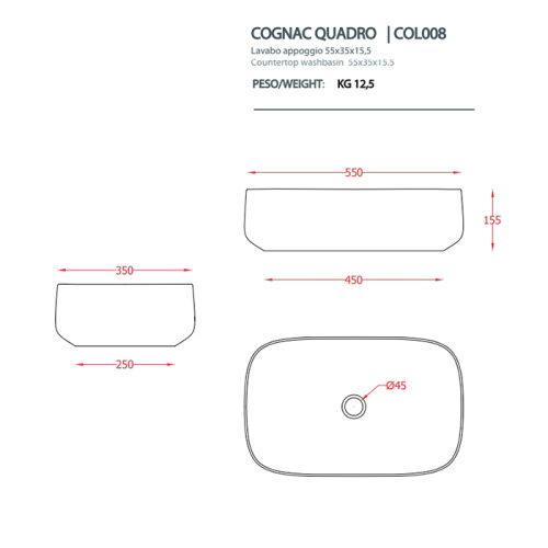 картинка Artceram COGNAC Раковина накладная Quadro 55x35 см, цвет: белый от магазина Сантехстрой
