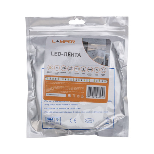 картинка Лента светодиодная 12В,  SMD5050, 14,4Вт/м,  60 LED/м,  2700К,  10мм,  5м,  для БП с клеммами,  IP65 LAMPER от магазина Сантехстрой
