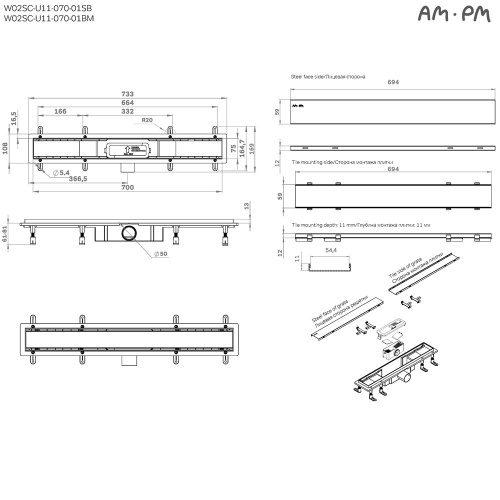 картинка W02SC-U11-070-04BM PrimeFlow Трап для душа линейный универс затвор Tile 70см цвет черн мат от магазина Сантехстрой