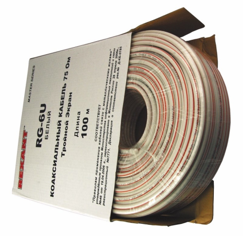 картинка Кабель коаксиальный RG-6U+Cu,  75 Ом, Cu/Al/Cu/Al,  90%,  две фольги,  100 м, INDOOR,  белый,  REXANT от магазина Сантехстрой