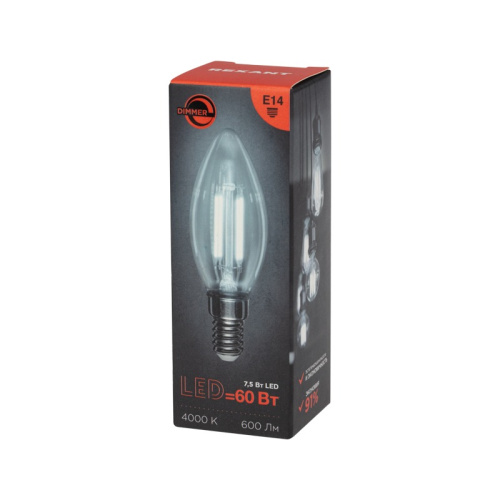картинка Лампа филаментная Свеча CN35 7,5Вт 600Лм 4000K E14 диммируемая,  прозрачная колба REXANT от магазина Сантехстрой