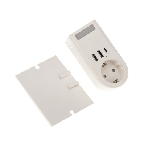 картинка Адаптер USB многофункциональный (2хUSB-A,  USB-С,  розетка 220-250В) с подсветкой и подставкой для телефона REXANT от магазина Сантехстрой
