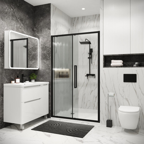 картинка Дверь в нишу 100.K33.02.120.21.02 Cosmo (120*195) черный матовый, стекло шиншилла, 1 место от магазина Сантехстрой