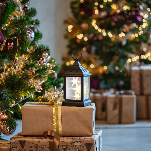 картинка Декоративный фонарь 11х11х22,5 см,  черный корпус,  теплый белый цвет свечения с эффектом мерцания NEON-NIGHT от магазина Сантехстрой