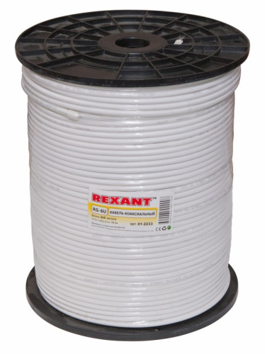 картинка Кабель коаксиальный RG-6U+Cu,  75 Ом, Cu/Al/Cu,  75%,  305 м, INDOOR,  белый,  REXANT от магазина Сантехстрой